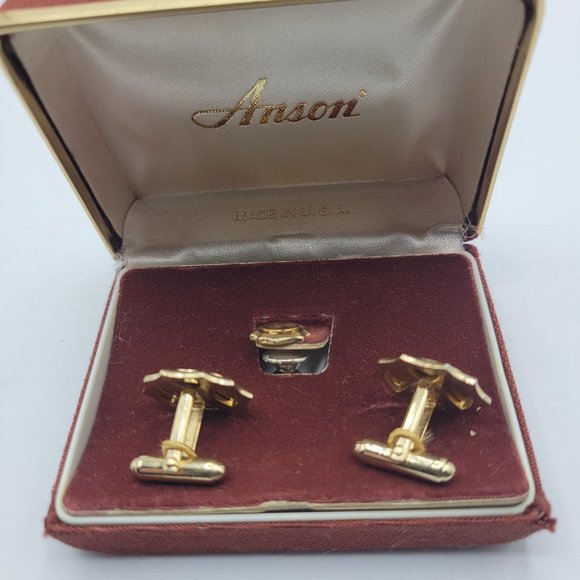 Vintage Monogrammed Anson Gold-tone Cuff-Links Tie-Tack Set in Original Box - Picture 7 of 7